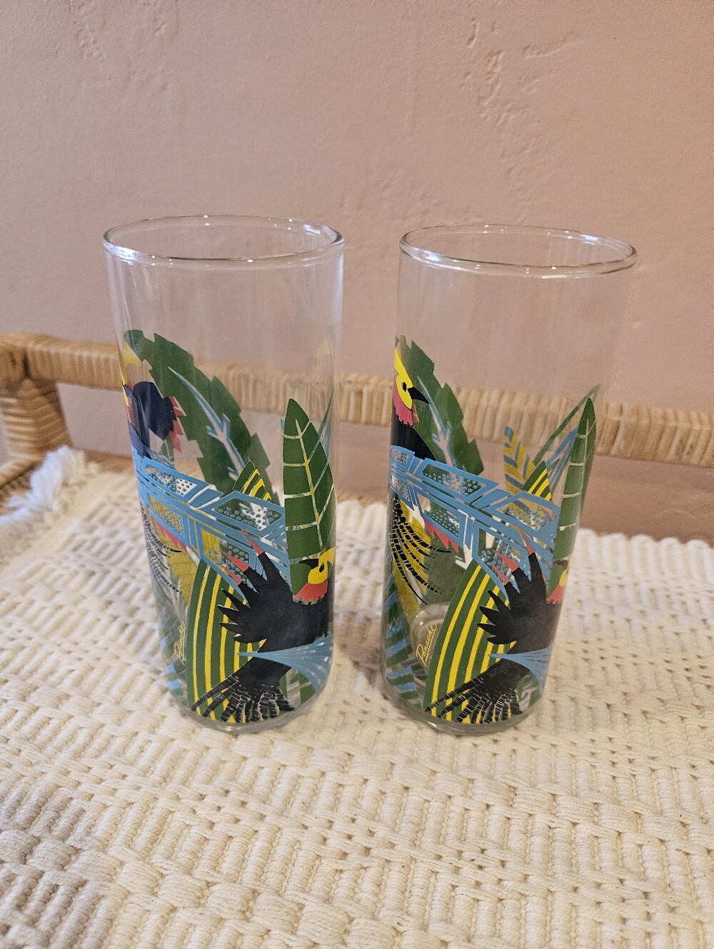 Vtg 80s Panache Toucan Parrots Tropical Tumblers